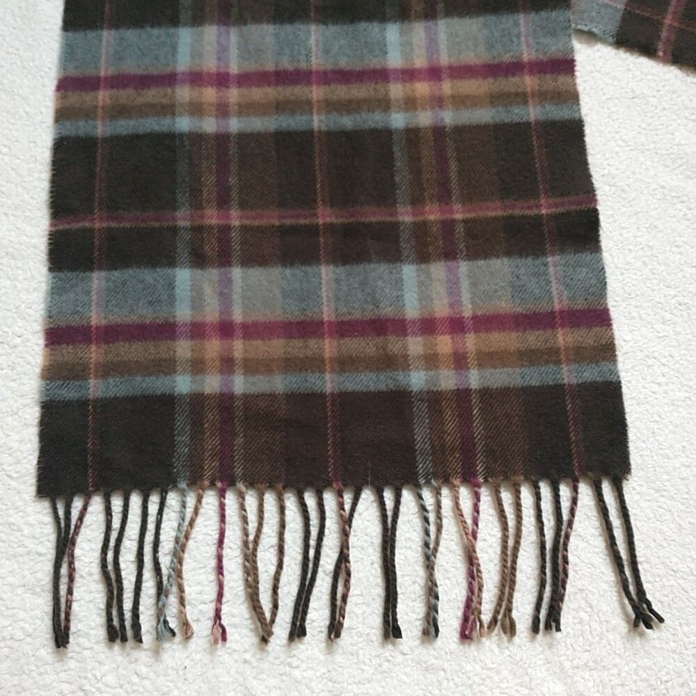 100% Cashmere Scarf Hand Tailored Brown Blue Plaid Fringe Rectangle  Germany 63" - Picture 2 of 7